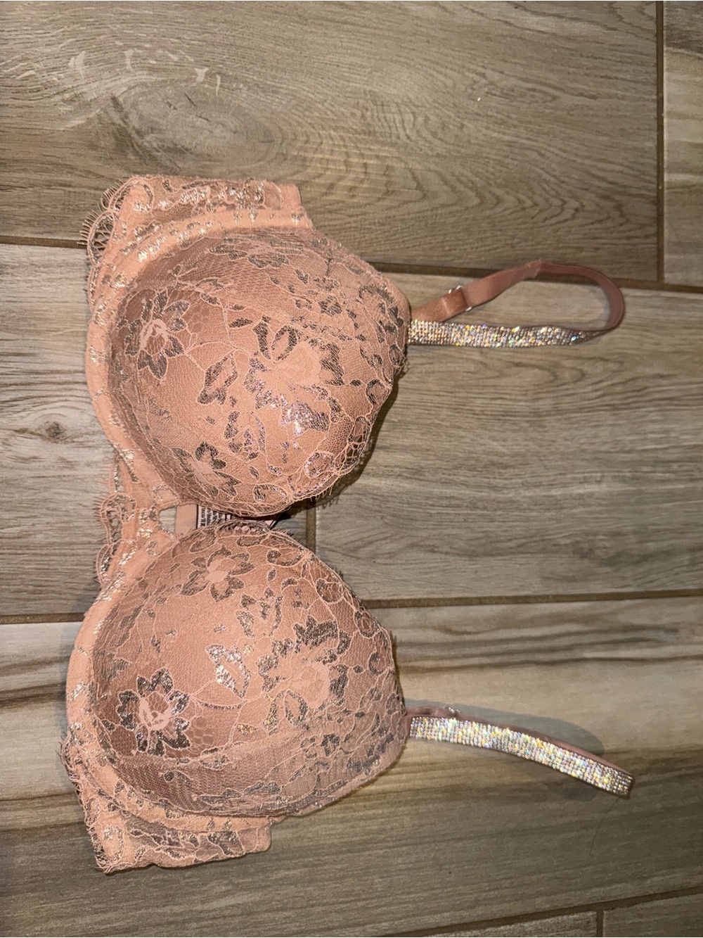 Victoria's Secret Peach Lace Push-Up Bra with Rhinestone Straps